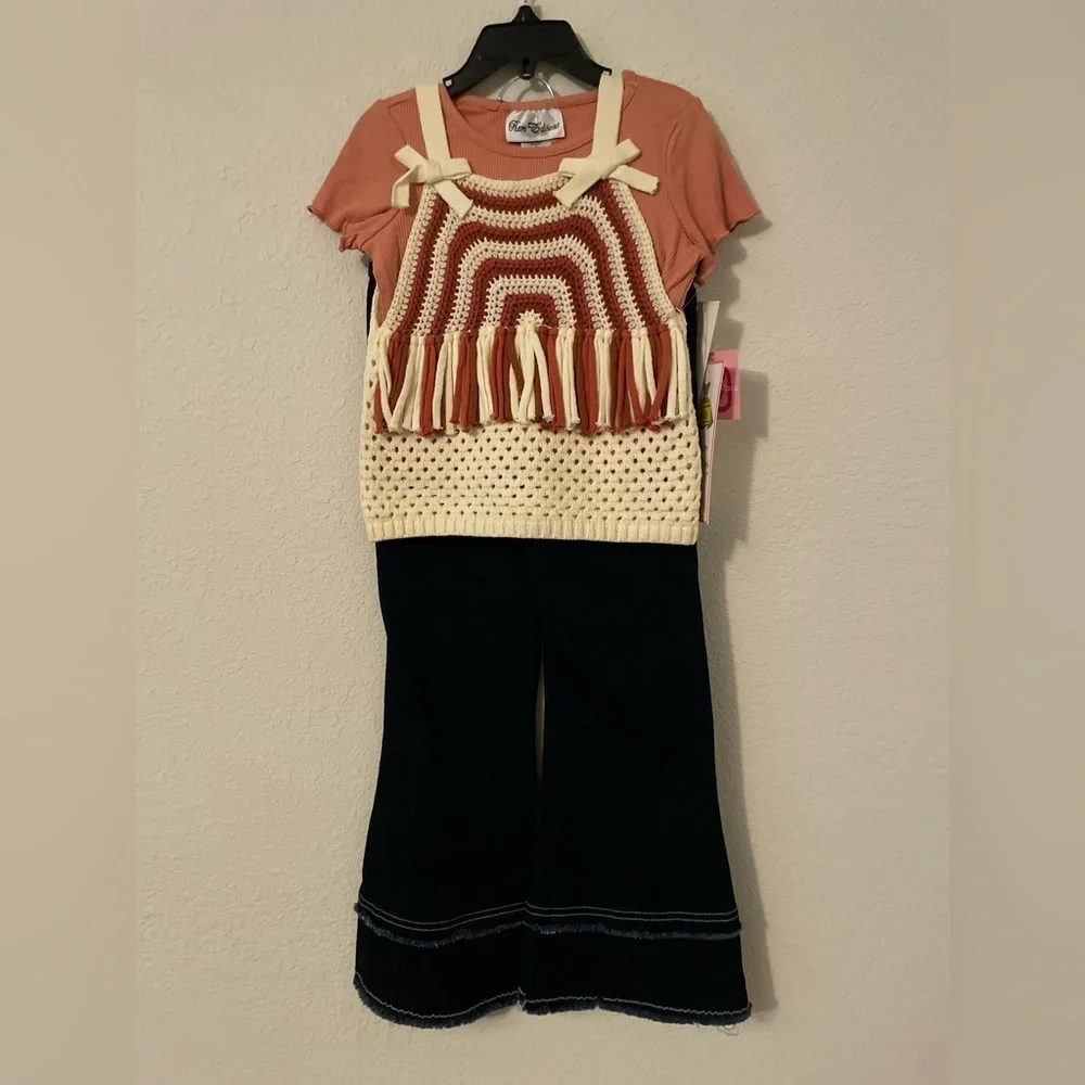 Rare Editions Bohemian Coral & Cream Knit Tops with wide leg  Matching pants -5T